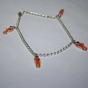 Cute silver and orange flip flop ankle bracelet 9"